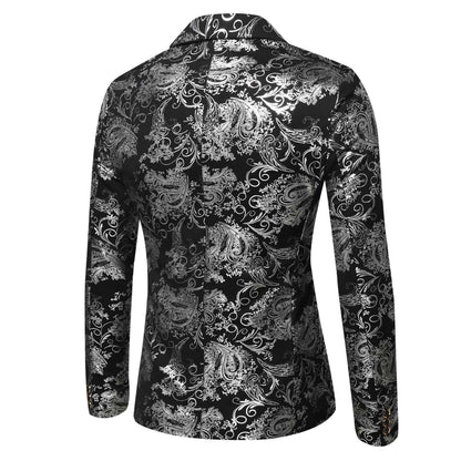 Men's Slim Fit Print Blazer Jacket 2025 Fashion Handsome Business Casual Silver Stage Show Suit Small Menswear