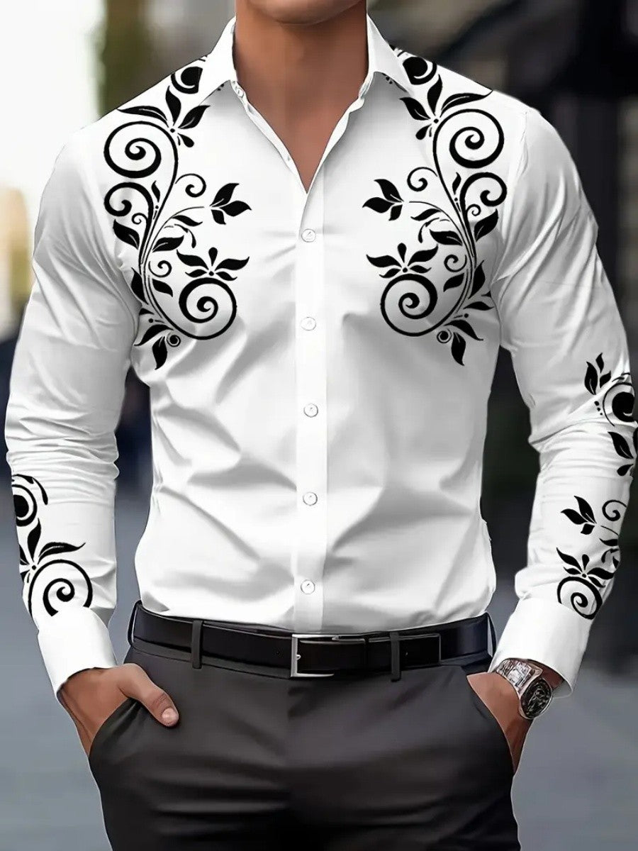 Men's floral-print ethnic-style blouse, Western-style denim shirt, long-sleeved
