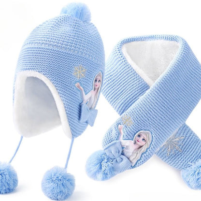 Conjunto infantil de gorro de lã e cachecol com animação da Elsa de Frozen da Disney, desenho animado, inverno, forro de veludo, espesso para manter aquecido