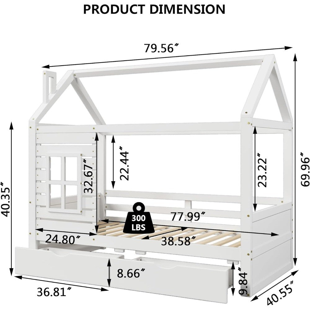 Cama Infantil Aoowow com Cama de Casa de Tamanho de Solteiro e 2 Gavetas, Estrutura de Cama de Madeira de Solteiro com Janela e Telhado para Quarto, Cama Infantil de Tamanho de Solteiro Moderna Pla