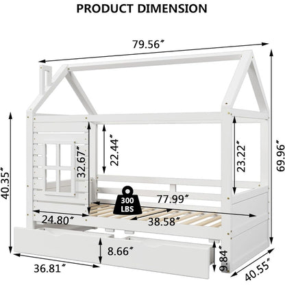 Cama Infantil Aoowow com Cama de Casa de Tamanho de Solteiro e 2 Gavetas, Estrutura de Cama de Madeira de Solteiro com Janela e Telhado para Quarto, Cama Infantil de Tamanho de Solteiro Moderna Pla
