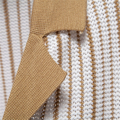 AIOPESON 2025 Men's Striped Mesh Polo Shirt - Breathable Contrast Panel Knit Top with Turn-Down Collar
