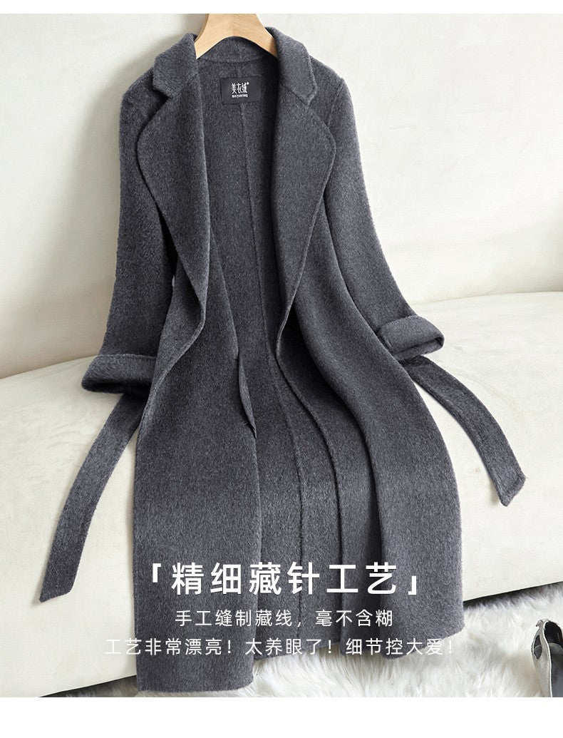 Grey Double-sided Cashmere Coat For women Slim For Autumn Winter New Winter High-end Temperament Thick Woolen Coats With belt
