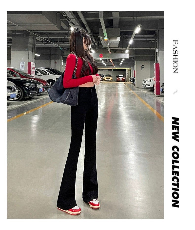 High Waist Fce Lined Thiened Autumn Winter American Bla ey Micro Flared Jeans Women Slimming Legging  Hoof Pants