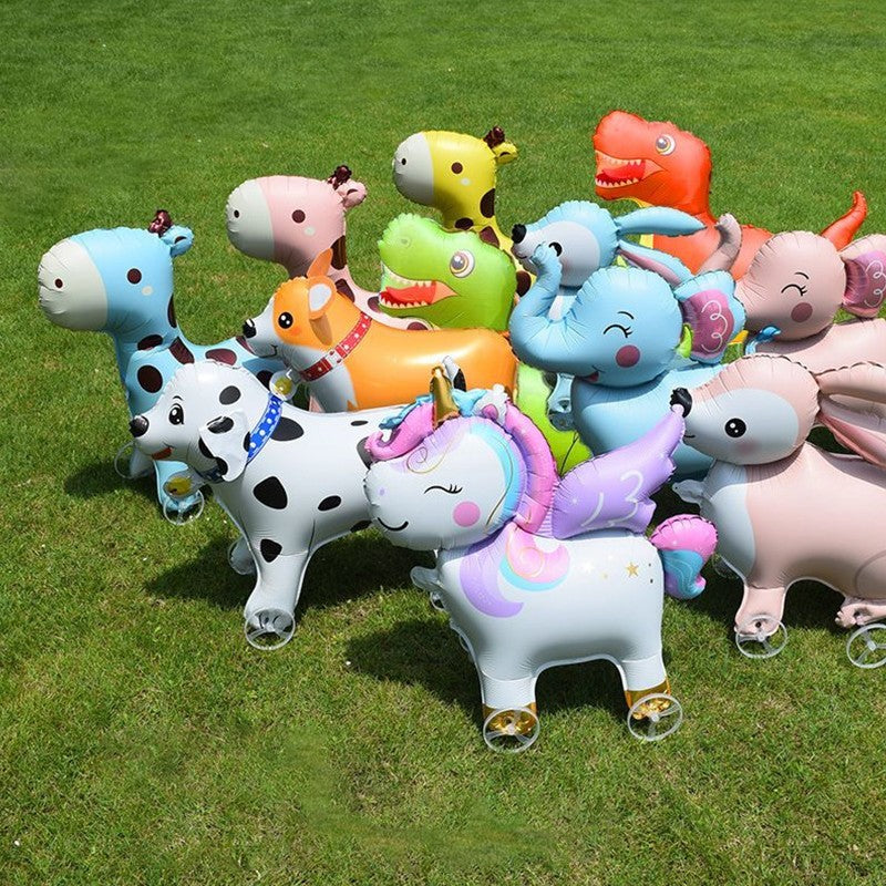1PC 3D Cartoon Foil Balloons Elephant Stand Walking Balloon With Wheel For Kids Birthday Party Decoration Baby Shower