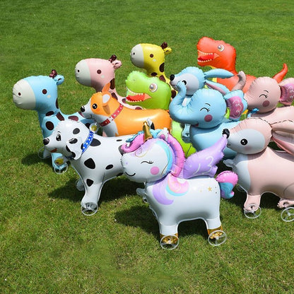 1PC 3D Cartoon Foil Balloons Elephant Stand Walking Balloon With Wheel For Kids Birthday Party Decoration Baby Shower