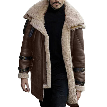 New Fashion Winter Warm Thick Fleece Bomber Jackets Business Clothing Porcket Lapel Long Sleeve Padded Leather Coats For Men