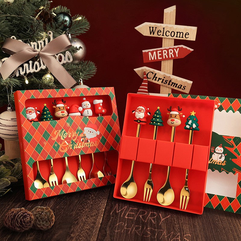 1 Set Christmas Fork And Spoon Tableware Gift Box , Stainless Steel Tableware, Coffee, Tea And Dessert Fork And Spoon