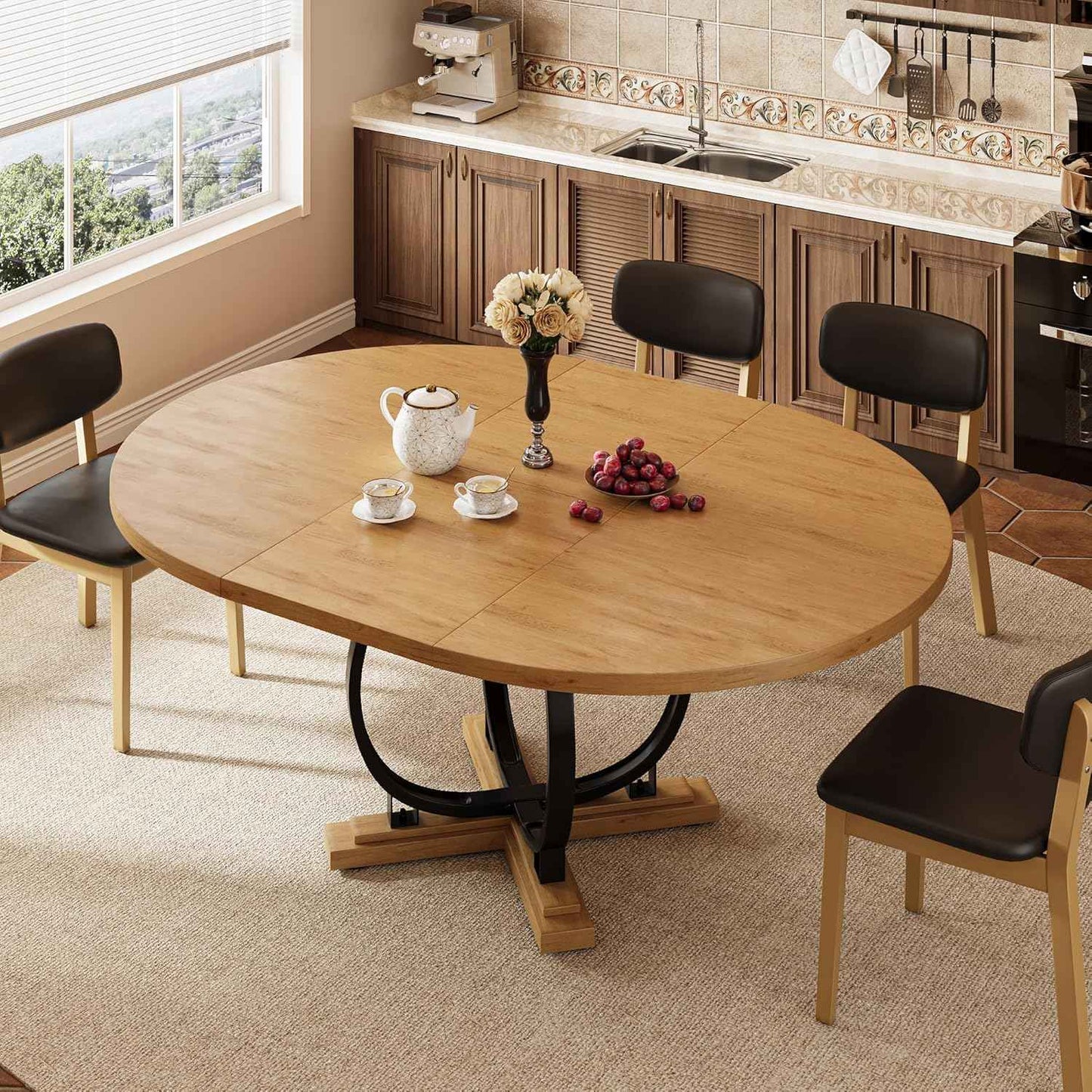 59'' Extendable Round Dining Table for 4 to 6, Kitchen Table with Sturdy X-Base Metal Legs, MDF Board with Backboard Clasp