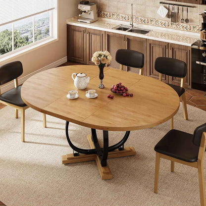 59'' Extendable Round Dining Table for 4 to 6, Kitchen Table with Sturdy X-Base Metal Legs, MDF Board with Backboard Clasp