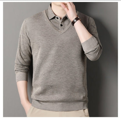 Men's Fleece Lining Sweater Autumn Winter Pullover Polo Shirt Collar Fake Two Piece Thick Warm Top Clothes Casual Knitwear