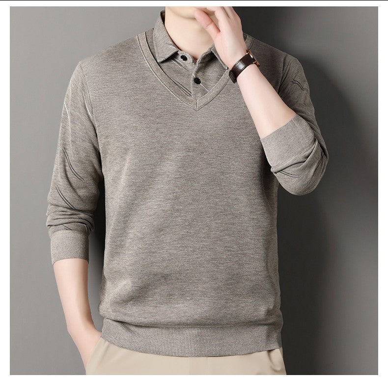 Men's Fleece Lining Sweater Autumn Winter Pullover Polo Shirt Collar Fake Two Piece Thick Warm Top Clothes Casual Knitwear