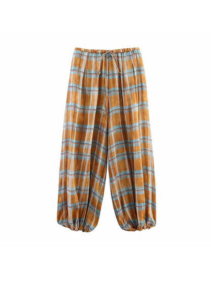 Women's 2025 Autumn Fashion Versatile Ramie Bloomers Plaid Printed Loose Pants Female High-Waist Drawstring Casual Trousers