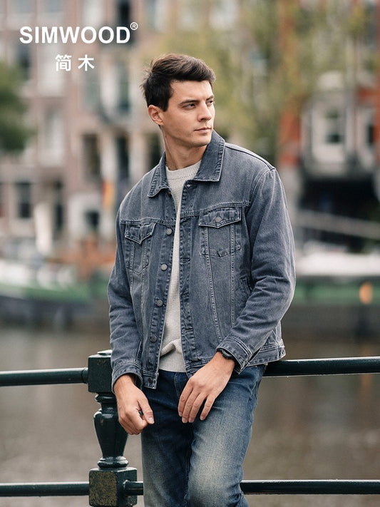 SIMWOOD 2025 Autumn New Oversize 12.5oz Classical Denim Jackets Men Washed Vintage Casual Jacket