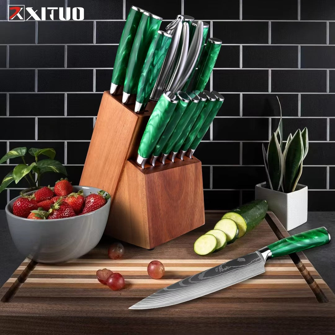 Conjunto de Facas de Cozinha, Conjunto de 15 Facas com Bloco de Madeira, Faca com Padrão Damasco a Laser em Aço de Alto Carbono Japonês com Facas de Bife