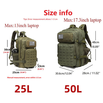 Mochila Tática 25L/50L Caça MOLLE Bolsa GYM Para Homens EDC Caminhada Ao Ar Livre Com 2 Porta-Garrafas