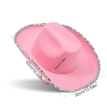 Pink Cowgirl Hat with Sparkling Sequins Trim for Halloween Dress Up Cosplay Party Supplies Costume Accessories
