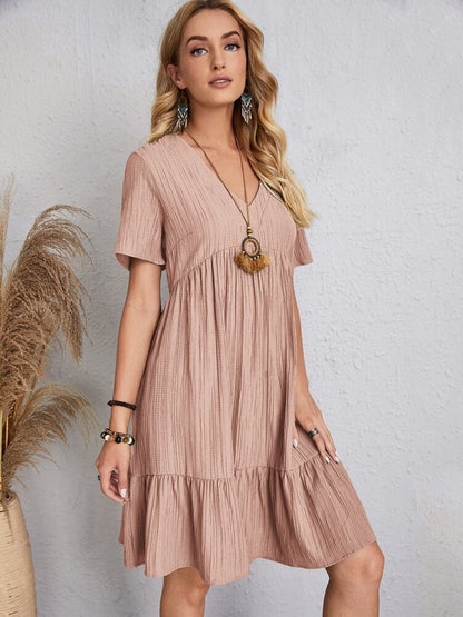 Women Elegant Short Sleeve V Neck Ruffles Dress Summer Casual Solid Loose Mini Dress Chic Bohemian Sundress Beach Party Vestidos