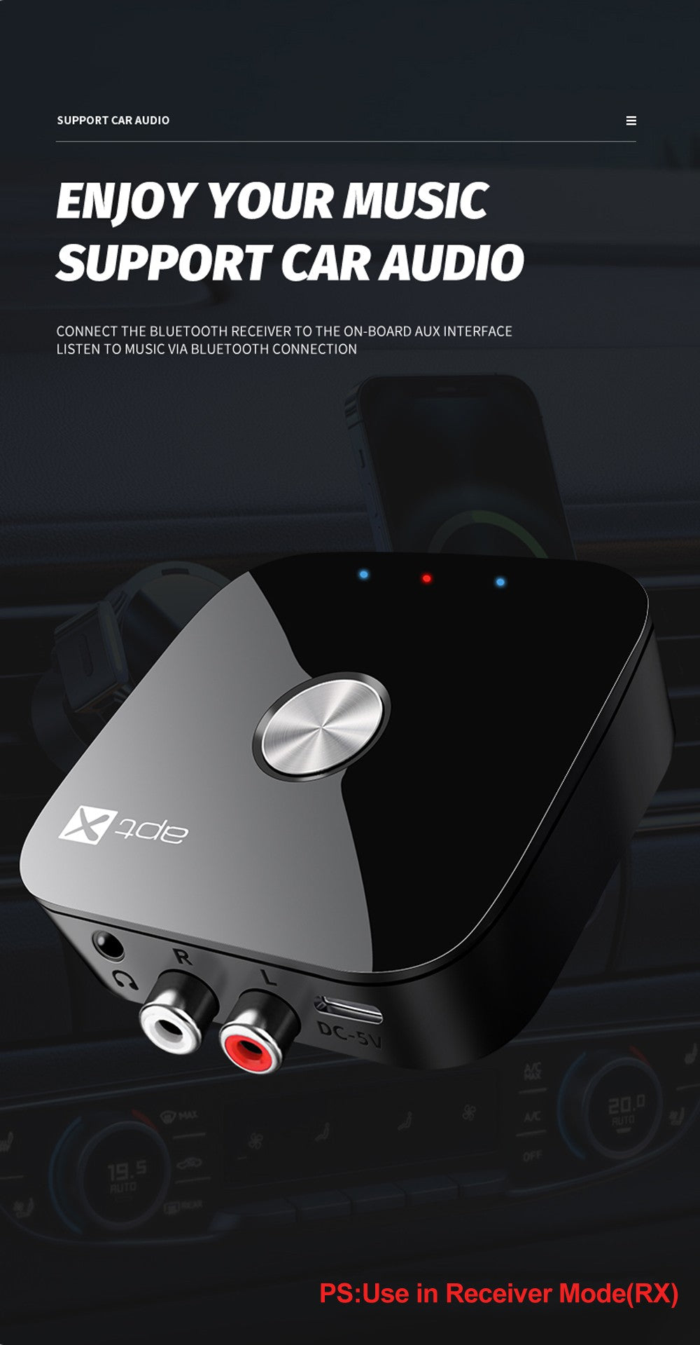 Tebe aptX/aptX-Adaptive Bluetooth 5.4 Audio Receiver Transmitter R/L 3.5mm Aux Wireless Music Adapter for TV Car Headphones