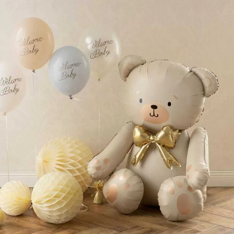 Cartoon 3D Matte Seated Bear Aluminum Foil Balloon with Button Bow Baby Shower Birthday Wedding Party Decorations Kids Gift Toys