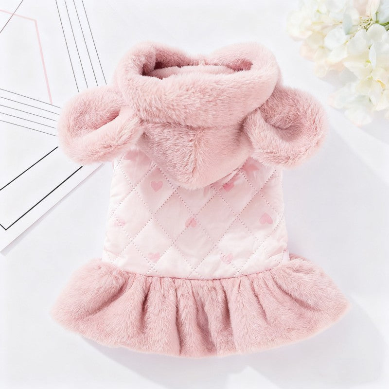 Casaco de Inverno Quente para Cães Vestido Fofo Roupas Macias para Cães Moda Algodão Casaco de Cachorro com Estampa de Coração Casaco para Gatos Bichon Fantasia para Pets