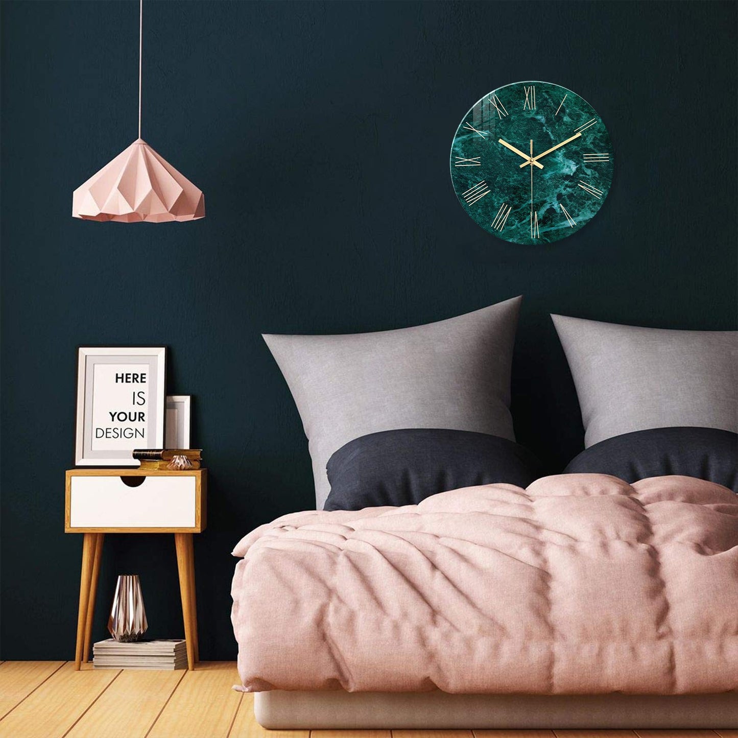 Creative Stylish Dark Green Marble Texture Pattern Tempered Glass Wall Clock Living Room Bedroom Kitchen Home Decoration Wall Clock Silent Quartz Clock Holiday Gift 12 Inches 14 Inches 16inch (Without Batteries)