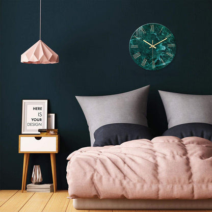 Creative Stylish Dark Green Marble Texture Pattern Tempered Glass Wall Clock Living Room Bedroom Kitchen Home Decoration Wall Clock Silent Quartz Clock Holiday Gift 12 Inches 14 Inches 16inch (Without Batteries)