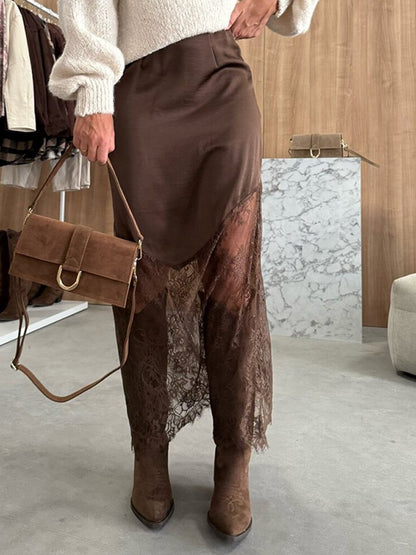 Women Elegant Patchwork Lace Skirts Fashion High Waist Slim Hollow Out Maxi Skirts 2025 Autumn Lady Brown Party Club Skirt