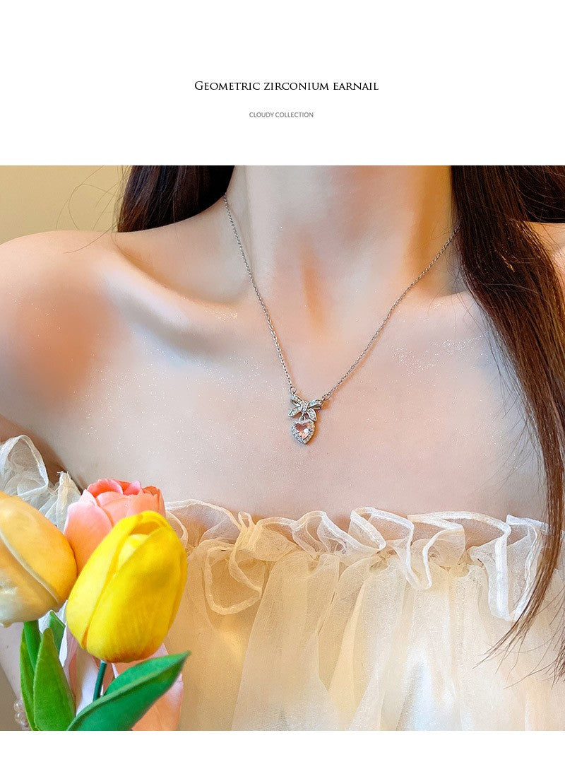 Colar coreano com pingente de laço de coração de cristal rosa, corrente prateada, para mulheres, joias estéticas para casamento