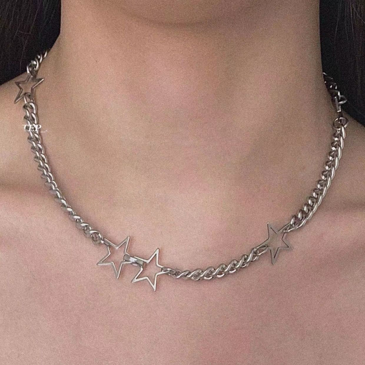 Colar de corrente com pingente de estrela prateado Kpop Gótico para mulheres, homens, Egirl, Y2K, Legal, EMO, Punk, Estética Grunge, Presentes
