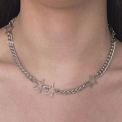 Colar de corrente com pingente de estrela prateado Kpop Gótico para mulheres, homens, Egirl, Y2K, Legal, EMO, Punk, Estética Grunge, Presentes