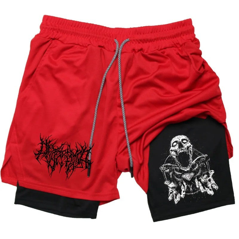 Shorts Men Quick-drying Fitness Skull Print Double Layer Shorts Workout Training Running Bodybuilding Sportwear