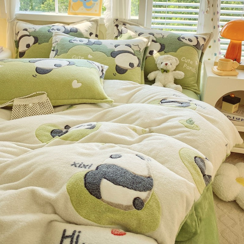 Capa de Edredom de Veludo Leite com Estampa de Panda Fofo para Decoração de Quarto de Meninos e Meninas, Roupa de Cama de Desenho Animado de Animais, Capa de Edredom Macia e Quente para Outono e Inverno
