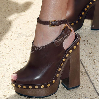 Coffe Matte Leather Round Rivets Pumps Peep Toe Chunky High Heel Elegant Fashion Women Shoes 2025 Summer Zapatos Para Mujere