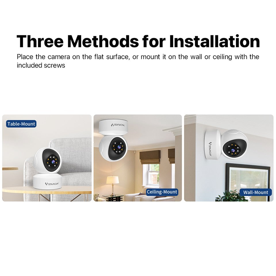 Câmera de Segurança Interna Vstarcam para Casa Cobertura 360° Visão Noturna Colorida Áudio Bidirecional Detecção de Movimento Zona Personalizável