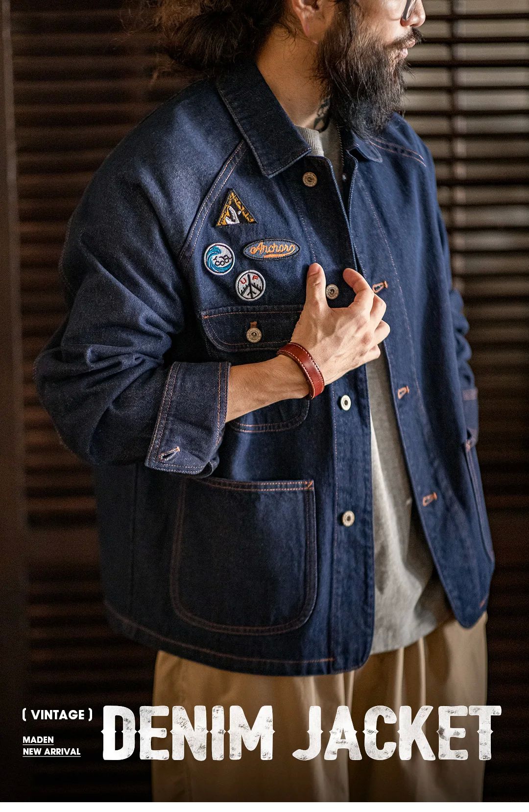Maden Vintage 12.8oz Heavyweight Denim Jacket Embroidered Badge Washed Lapel Casual Outerwear for Men Spring and Fall Chore Coat