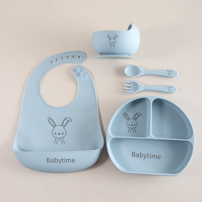 5pcs Bunny Baby Utensils Set, Food Grade Silicone Weaning Set with Bib, Suction Plate, Bowl, Spoon & Fork gift set