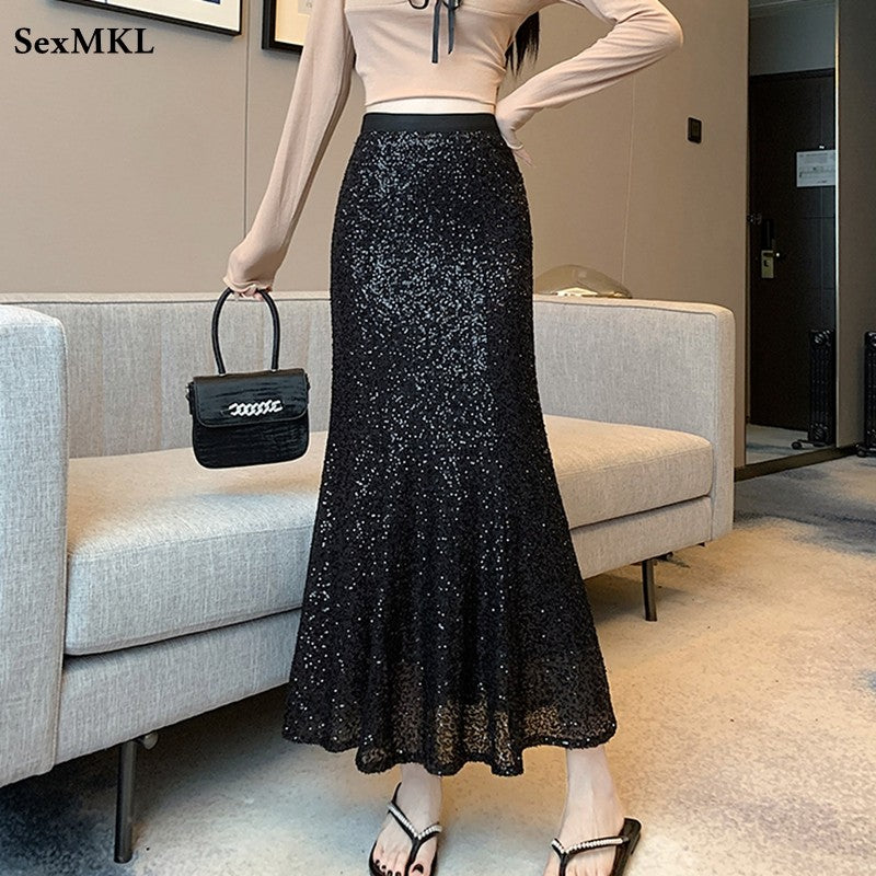 Elegant Sequined Long Black Skirts Women High Waist Party Club Faldas Largas Korean Fashion Y2k Clothes A Line Mid Length Skirt