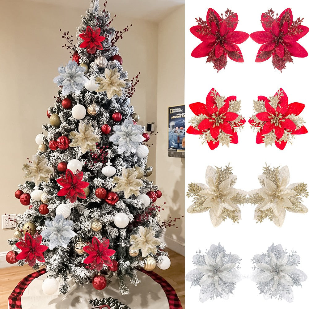 1/5/10pcs Sparkling Red Golden Silver Poinsettia Artificial Flowers Christmas Tree Ornaments for Xmas New Year party Decoration