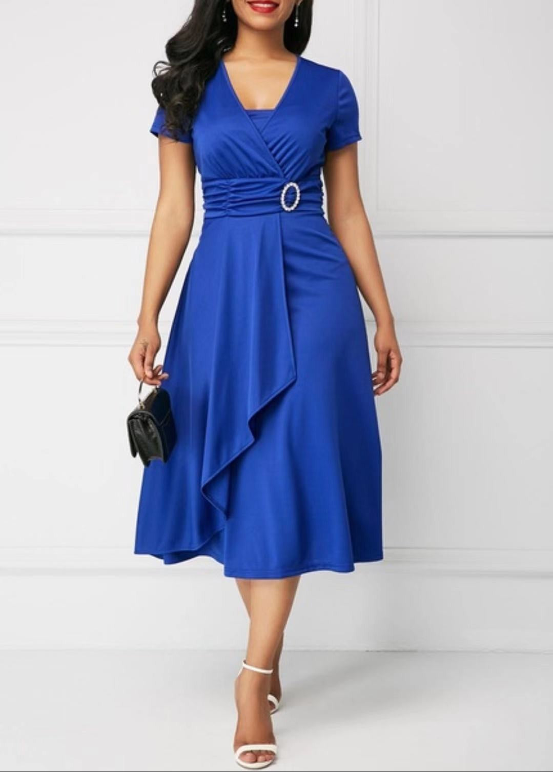 Summer Dresses Elegant Women Solid Color Short Sleeve V Neck Asymmetric Hem Wais