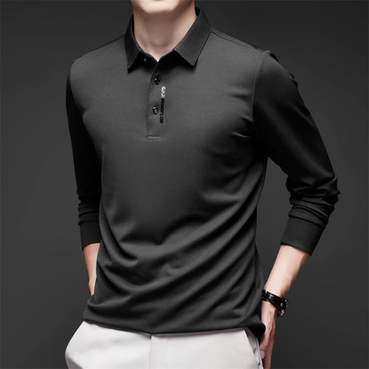 New Men's Business Casual Long Sleeved Shirt with Badge Solid Color Polo Shirt Fashionable Breathable Comfortable Versatile Top