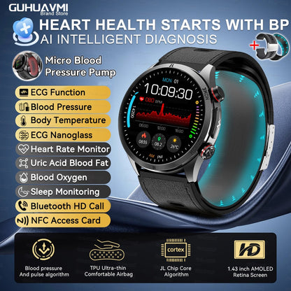 2026New Blood Pressure Air Pump Airbag Accurate Measure Smart Watch Men Micro Physical Examination Health ECG Smartwatch NFC BOX