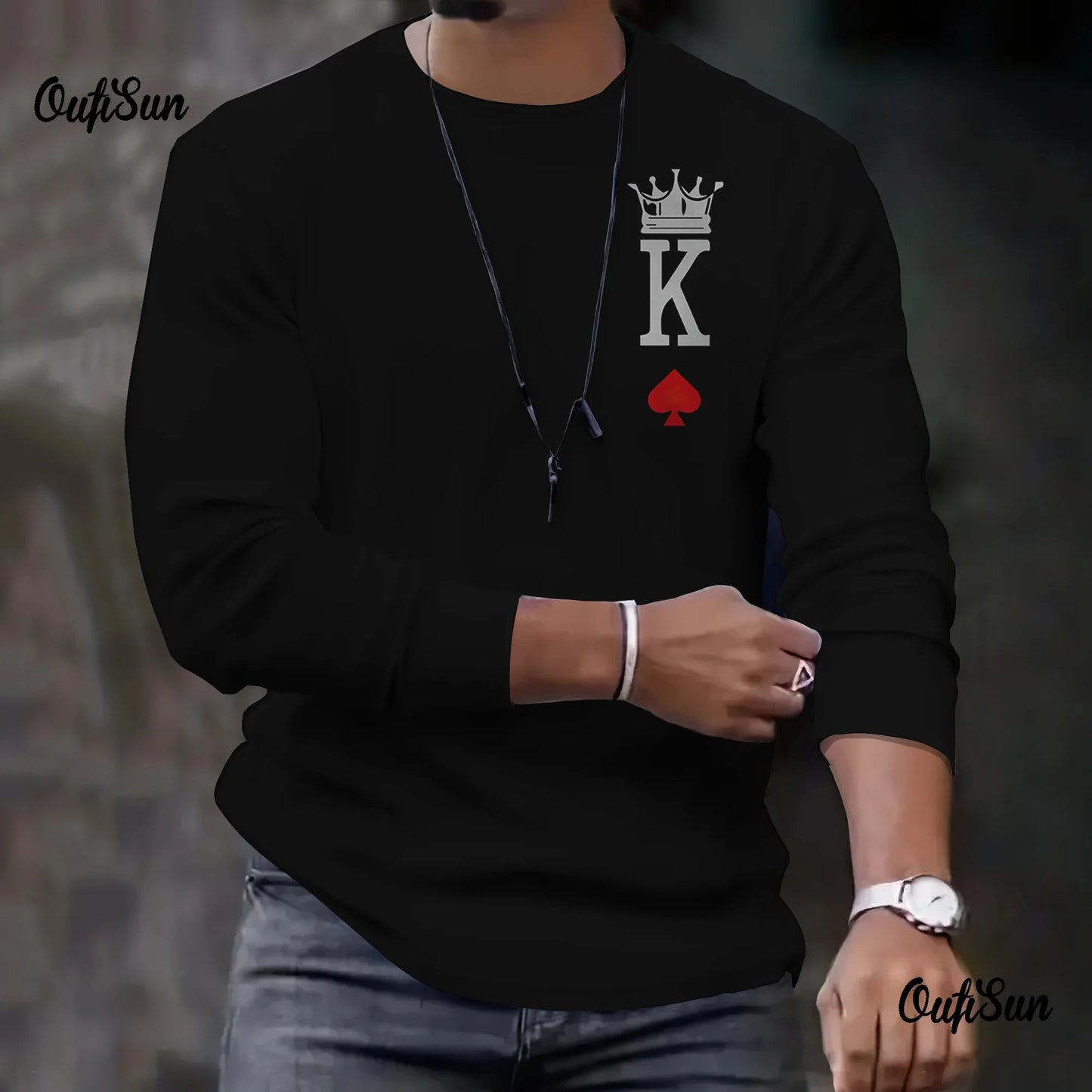 2024 New Arrival Fashion Men's Long Sleeve T-shirts Poker Printed Loose O-neck Tops Oversized Daily T Shirt For Men