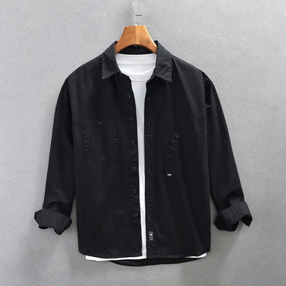 Men's Cargo Shirt Long Sleeve Premium Cotton Solid Color Japanese Streetwear Simple Handsome Chest Pocket Outdoor Work Shirst