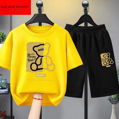 Conjunto de roupas de verão para bebês meninos, camiseta e shorts de urso estampado de desenho animado, 2 peças, agasalho casual para crianças
