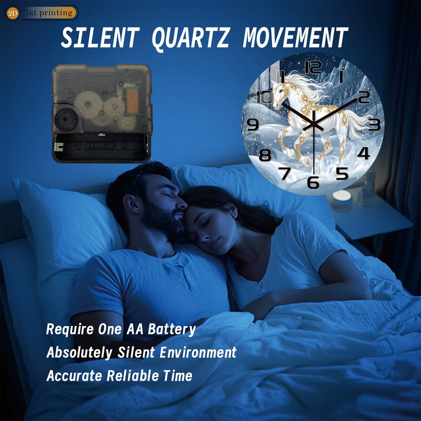 White Horse Snowy Landscape Wall Clock, Golden Ornamental Winter Scene, Festive Dreamy Unicorn-Inspired Home Decor