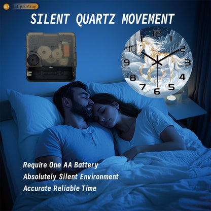 White Horse Snowy Landscape Wall Clock, Golden Ornamental Winter Scene, Festive Dreamy Unicorn-Inspired Home Decor