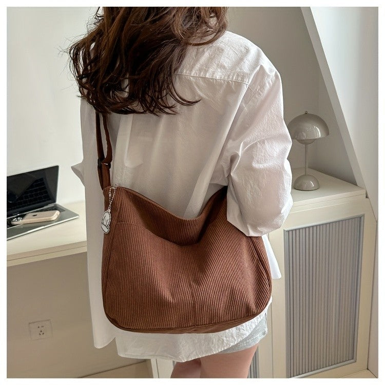 Women’s Corduroy Shoulder Bag Casual Striped Large Capacity Tote with Zipper Closure, Cute Hat Patch, Perfect for Everyday Use