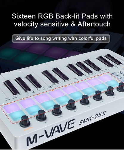 M-VAVE SMK-25 II Teclado Controlador MIDI Pad USB Mini 25 Teclas, 16 Pads de Bateria RGB, 8 Knobs e Produção Musical, Software Incluído