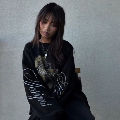 Y2K Harajuku Retro Long Sleeve Print Line Galloping Steed Round Neck Tops Trendy Daily Hip Hop Unisex Autumn Loose Streetwear